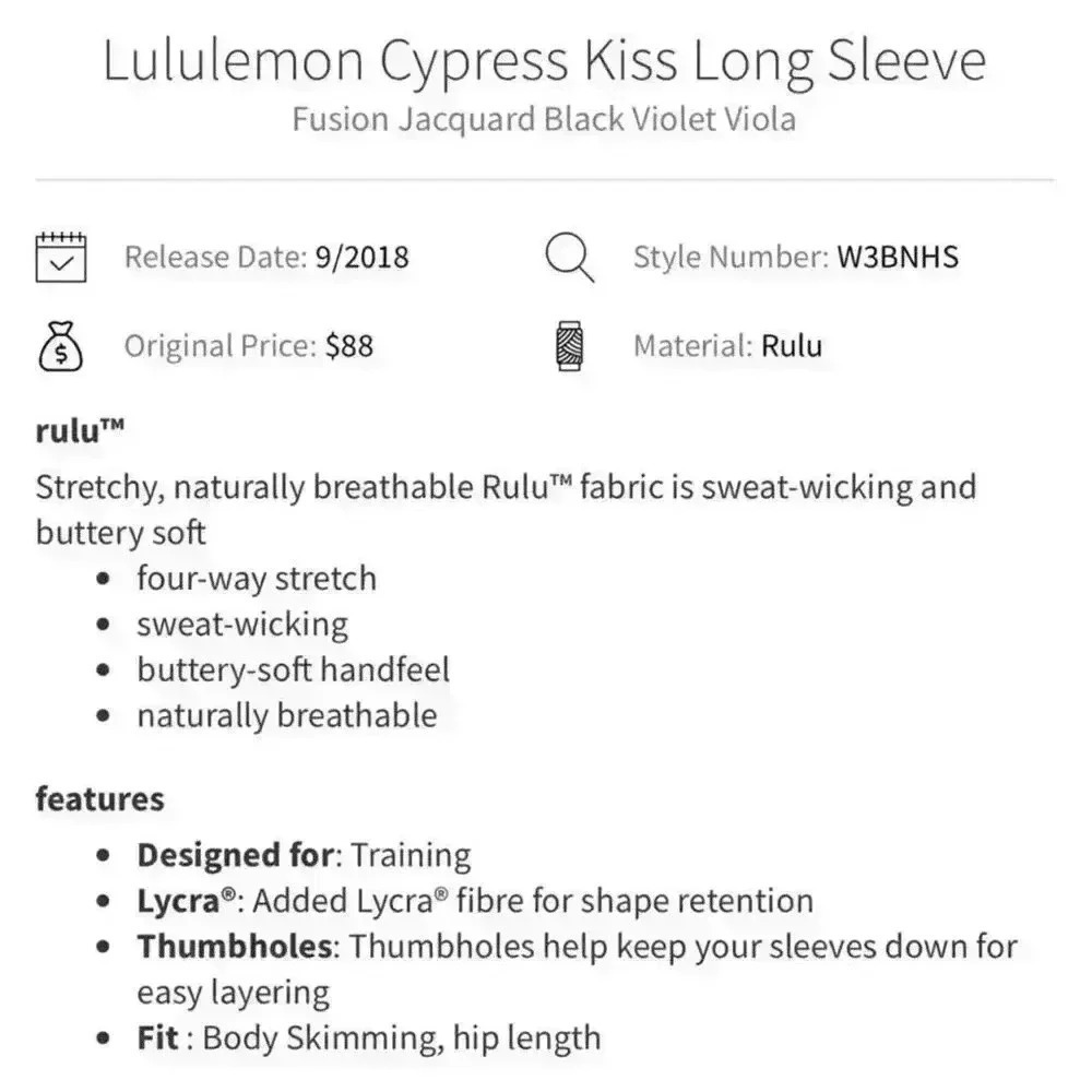 Lululemon Cypress Kiss Long Sleeve Fusion Jacquard Black Violet Viola Size 4 - Picture 8 of 8